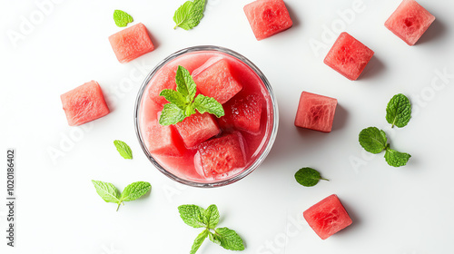 Refreshing watermelon cubes and mint leaves arranged around a glass, perfect for summer drinks and healthy snacks on a white background.