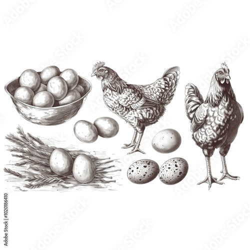 Chicken farm, home patica. Vintage engraving from 1800, set of elements isolated on white background for design, print, showcase, banner, packaging. photo