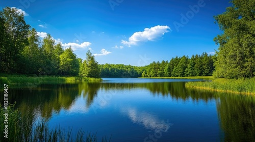 A serene lake reflecting the deep blue of the sky on a calm, sunny day.