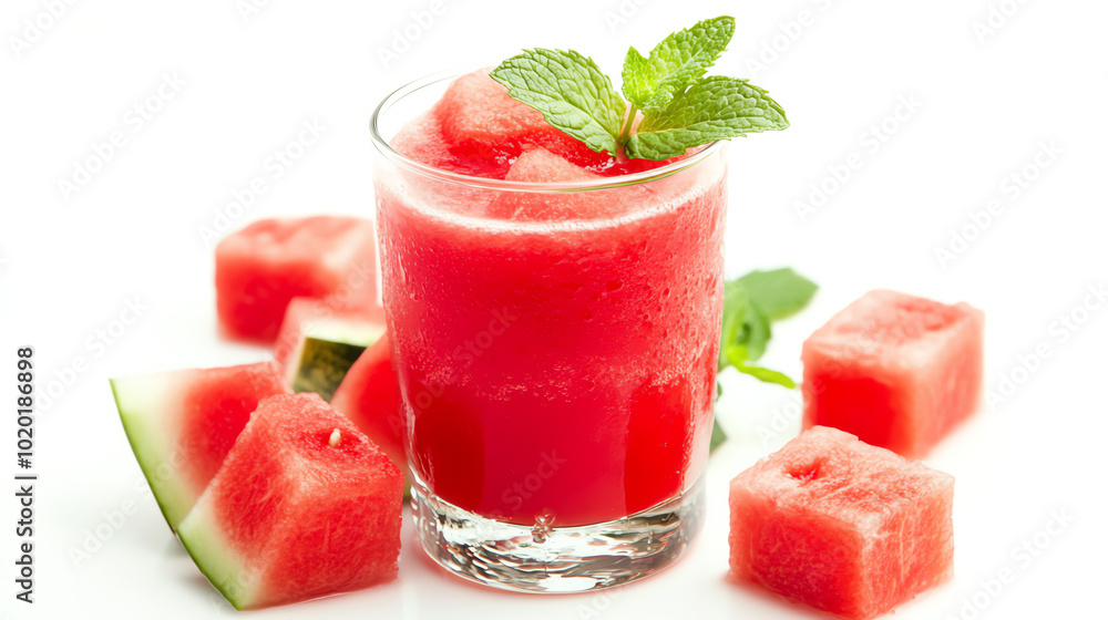 Refreshing watermelon smoothie in a glass, garnished with mint leaves, surrounded by watermelon chunks on a white background. Refreshing watermelon smoothie in a glass, garnished with mint leaves, surrounded by watermelon chunks on a white background.