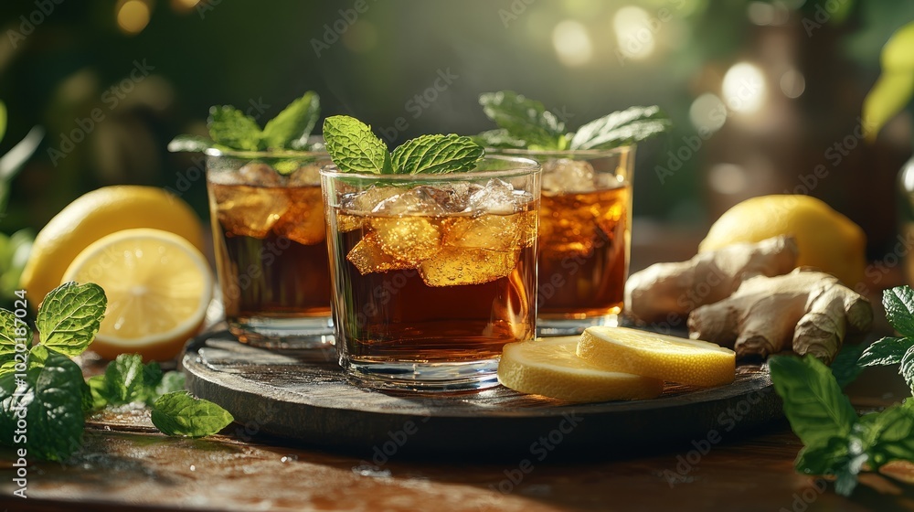 Three glasses of iced tea with lemon and ginger on wooden surface. Three glasses of iced tea with lemon and ginger on wooden surface.