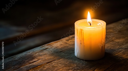 A single white candle burning softly in a quiet, dimly lit room.