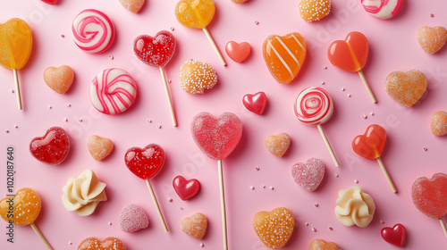 Wallpaper Mural Heart-shaped lollipops and candies on a pink Valentine's Day background. Torontodigital.ca