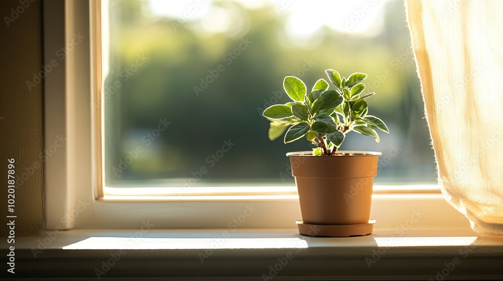 A small green houseplant sitting on a windowsill, catching the afternoon sunlight through the glass. A small green houseplant sitting on a windowsill, catching the afternoon sunlight through the glass.