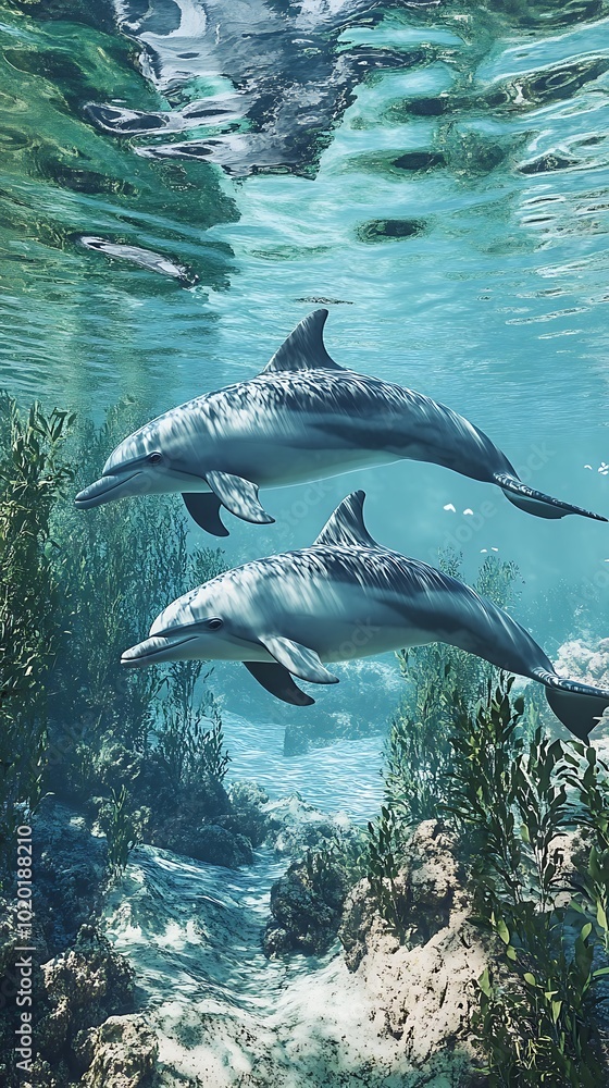 Fototapeta premium Two dolphins swimming gracefully underwater among vibrant plants and clear blue water.