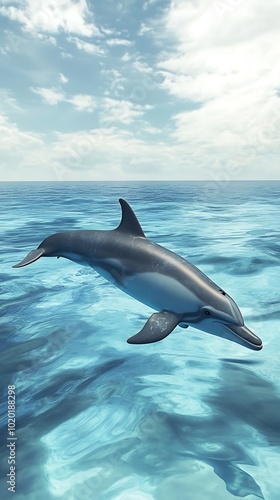 A dolphin swimming gracefully in clear blue ocean waters under a bright sky.