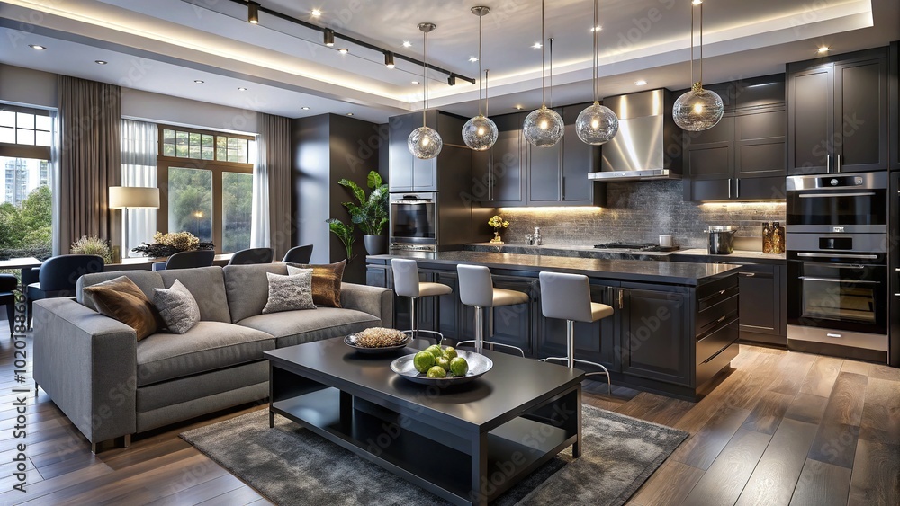 Luxury Kitchen Design with Bokeh Effect - Shiny Metal and Black Color Family Room Interior Luxury Kitchen Design with Bokeh Effect - Shiny Metal and Black Color Family Room Interior