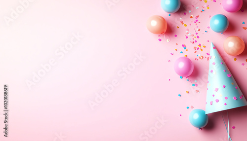 Colorful party elements including balloons, confetti, and a festive hat on a soft pink background, perfect for celebrations and gatherings.