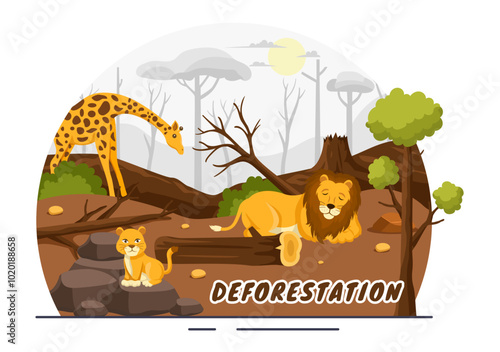 Deforestation Vector Illustration featuring a Felled Forest with Trees Burning, Creating Pollution and Leading to the Extinction of Animals