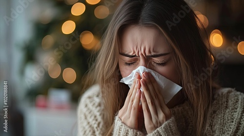 Woman Blowing Her Nose with a Tissue in Front of Christmas Lights photo