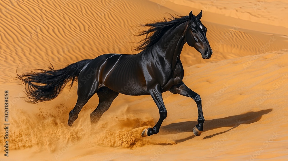 Black Arabian Horse Running Through Desert Sand Dunes Black Arabian Horse Running Through Desert Sand Dunes