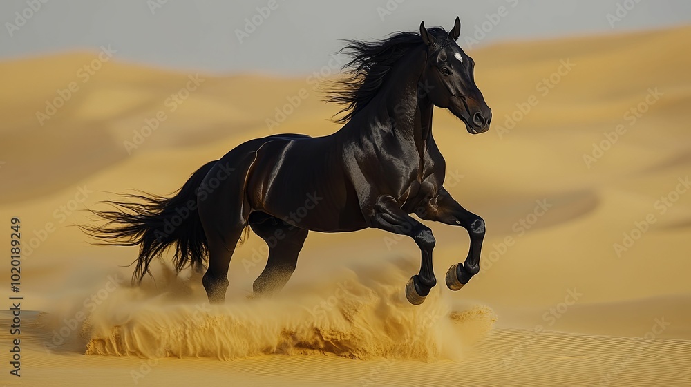 Black Arabian Horse Galloping Through Sand Dunes Black Arabian Horse Galloping Through Sand Dunes
