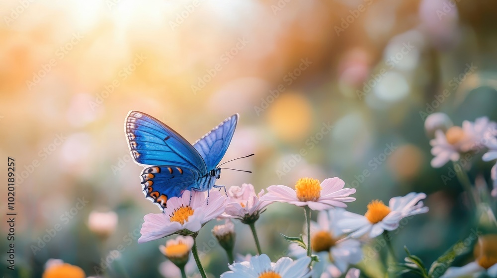 A vibrant blue butterfly resting on a blooming flower in a sunlit garden. A vibrant blue butterfly resting on a blooming flower in a sunlit garden.