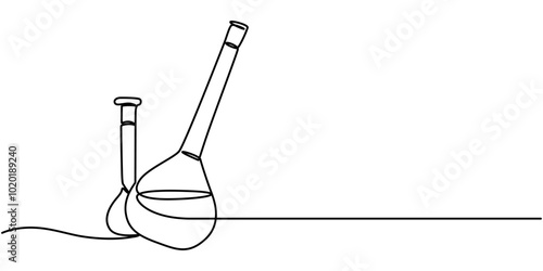 Lab experiment tools in continuous single one line art drawing. Minimalist glassware for laboratory research. Hand drawn vector illustration education and science concept, Chemical lab flask