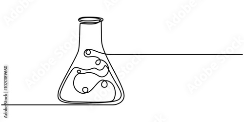 Lab experiment tools in continuous single one line art drawing. Minimalist glassware for laboratory research. Hand drawn vector illustration education and science concept, Chemical lab flask