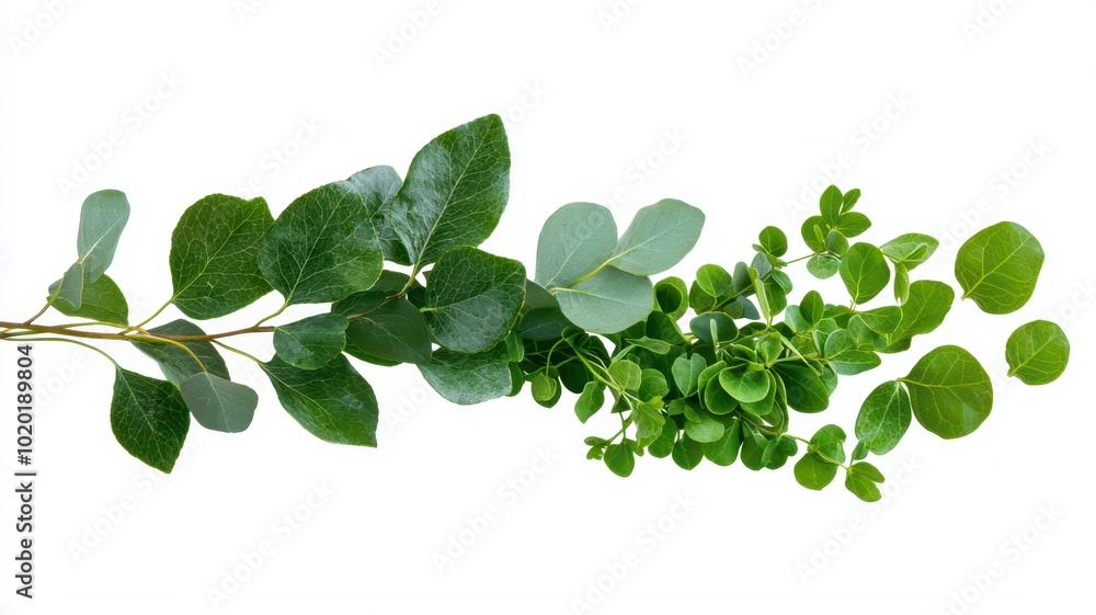 A collection of green ivy and eucalyptus leaves is isolated against a clean white background A collection of green ivy and eucalyptus leaves is isolated against a clean white background