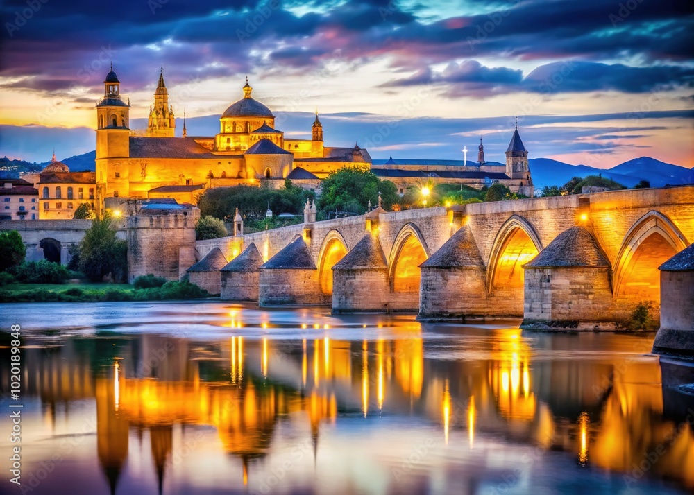 Fototapeta premium Macro Photography of Roman Bridge Over Guadalquivir River with Great Mosque in Cordoba, Spain â€“ Architectural Beauty and Rich History