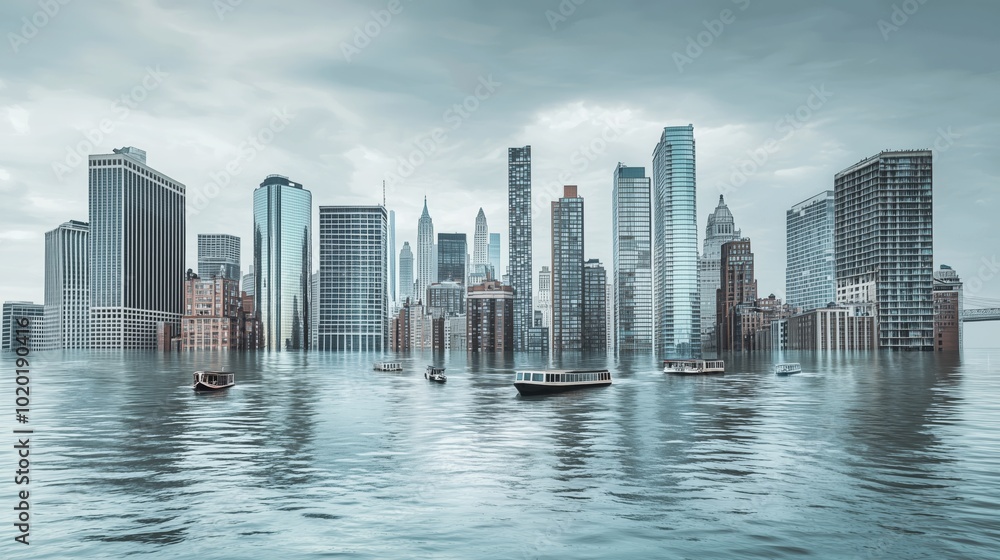 Naklejka premium A tranquil view of a flooded skyline with boats navigating through rising waters at dawn