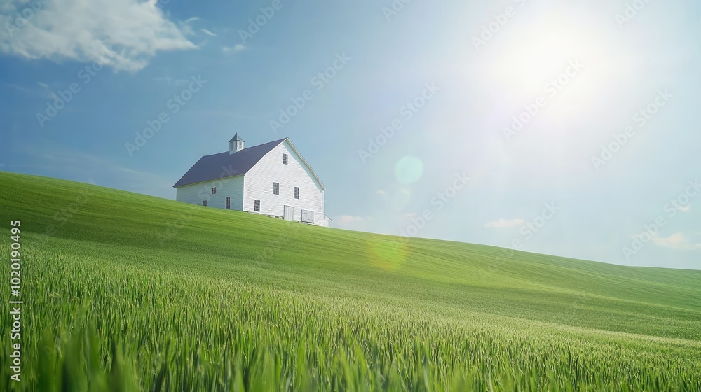 A white barn sitting on a rolling green field under a sunny, clear sky. A white barn sitting on a rolling green field under a sunny, clear sky.