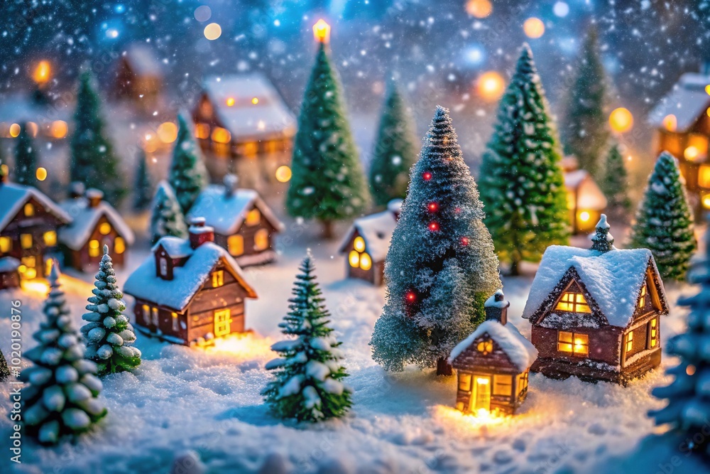 Obraz premium Miniature Christmas Village with Twinkling Lights in Snowy Pine Tree Setting