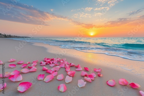 Pink petals scattered on a peaceful beach at sunrise, with waves softly meeting the shore photo