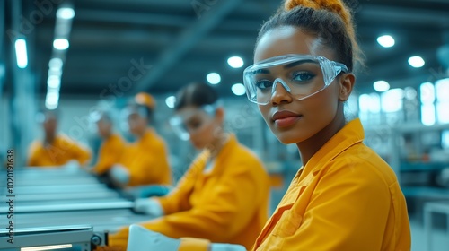 Multicultural group of factory workers operating high-tech machinery, modern automated production line, safety goggles and uniforms, LED lighting, wide-angle shot showing scale of facility