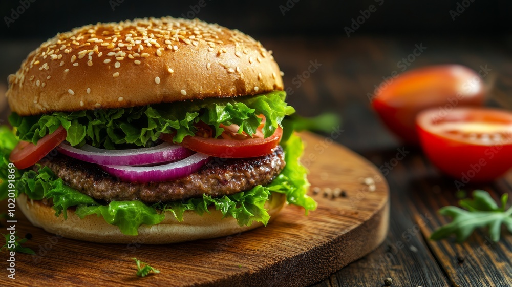 A juicy beef burger with lettuce, tomato, onion, and sesame seed bun on a wooden board. A juicy beef burger with lettuce, tomato, onion, and sesame seed bun on a wooden board.