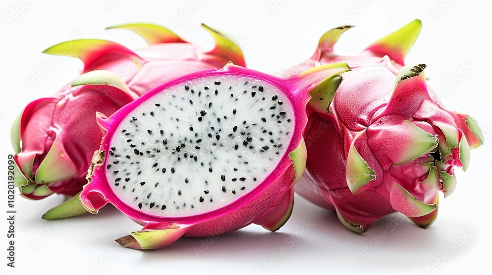 Close-up of a Cut Dragon Fruit with Two Whole Fruits Close-up of a Cut Dragon Fruit with Two Whole Fruits
