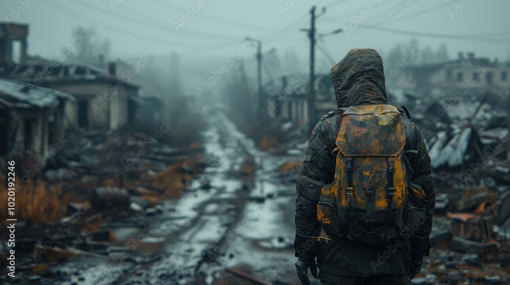 A lone figure surveys the desolate ruins of a once-thriving town on a rainy, gloomy day. Generative AI A lone figure surveys the desolate ruins of a once-thriving town on a rainy, gloomy day. Generative AI