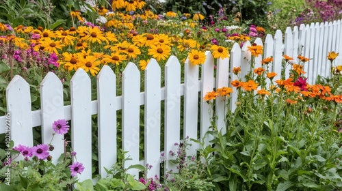 A white picket fence surrounding a vibrant garden of flowers in full bloom.