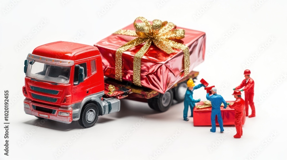 Some miniature people and truck carrying big gift wrapping, unloading gift boxes from truck on white background, concept of gifts, special days etc. Some miniature people and truck carrying big gift wrapping, unloading gift boxes from truck on white background, concept of gifts, special days etc.