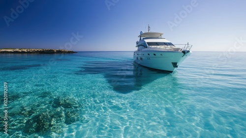 A white yacht sailing through calm, crystal-clear waters, leaving a gentle wake behind.
