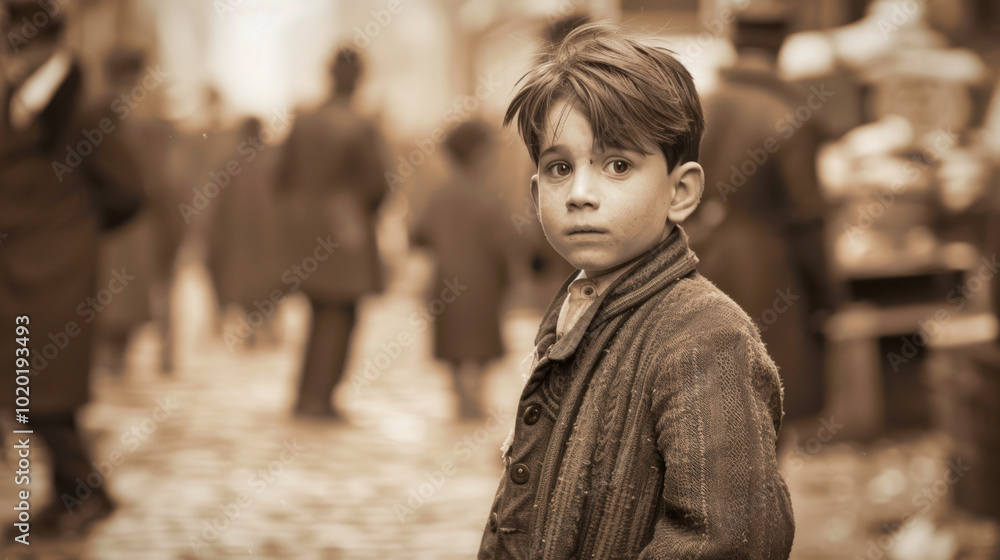 Fototapeta premium A young boy standing alone on the street, vintage 1900s style sepia image