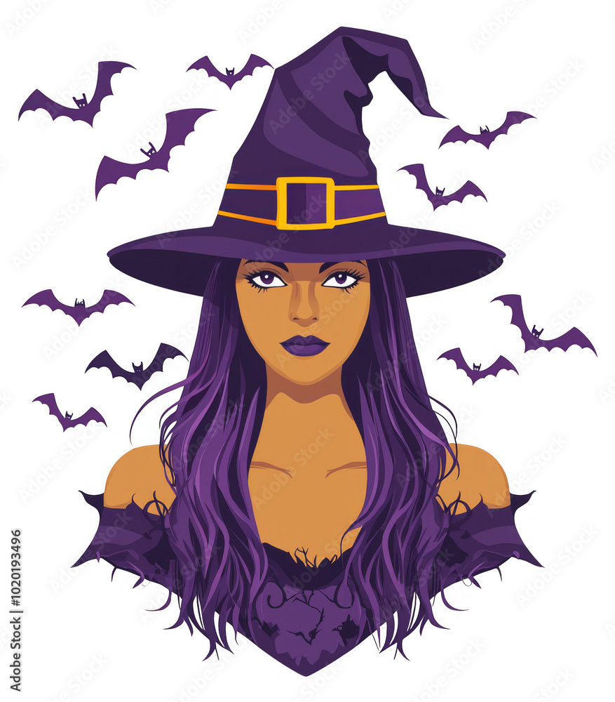 Witch Illustration with Purple Hat and Bats on Transparent Background for Halloween Designs and Overlays