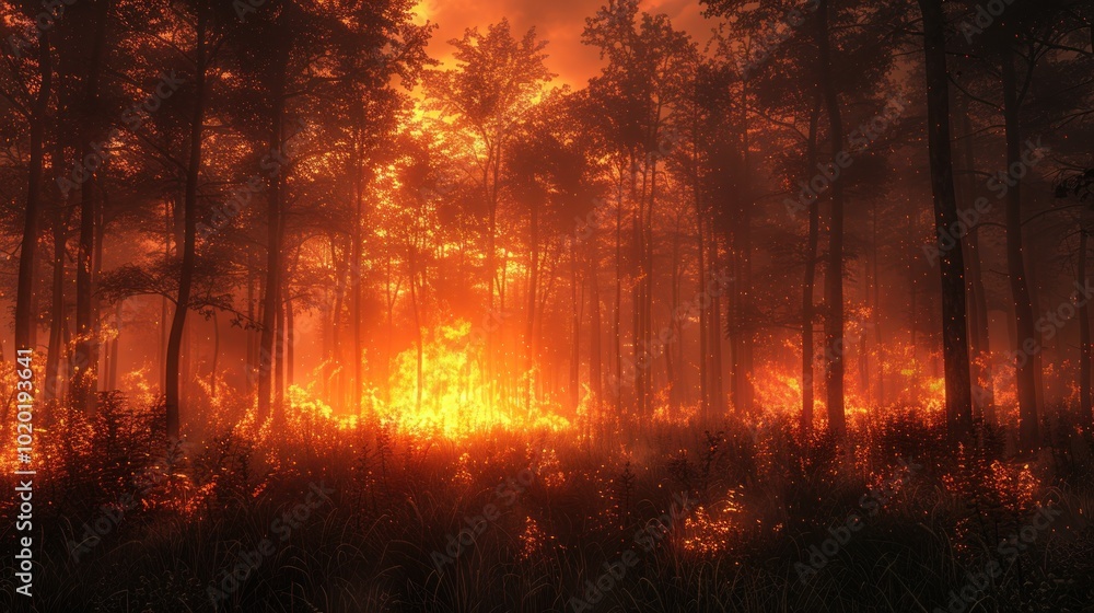Intense wildfire engulfing dense forest, casting an eerie glow as flames roar through the night sky. Generative AI Intense wildfire engulfing dense forest, casting an eerie glow as flames roar through the night sky. Generative AI