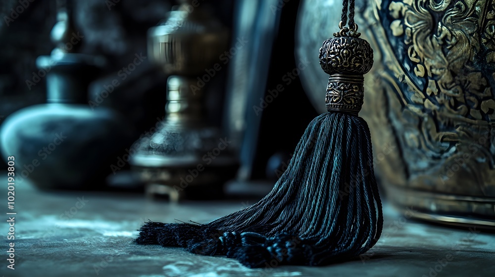 Mystical Coiled Tassel Radiating Spiritual Significance in Dimly Lit Temple like Interior Mystical Coiled Tassel Radiating Spiritual Significance in Dimly Lit Temple like Interior