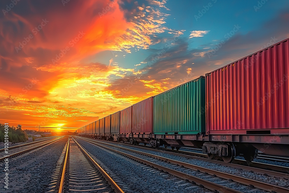 Fototapeta premium wagon of freight train with containers on the sky background