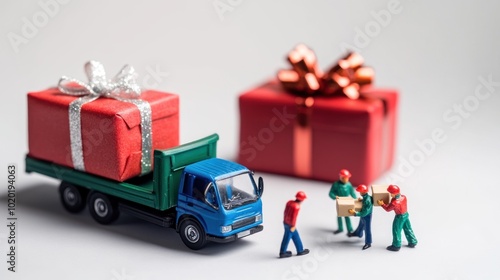 Some miniature people and truck carrying big gift wrapping, unloading gift boxes from truck on white background, concept of gifts, special days etc.