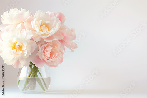 A lovely arrangement of soft pink peonies fills a glass vase, creating a serene atmosphere against a minimalist white backdrop, perfect for enhancing any decor