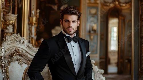 Suave and Confident Gentleman in Tailored Tuxedo Exuding Charm within Ornate Vintage Manor Interior