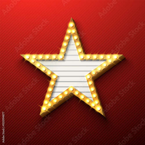 Vector Retro Star Signboard or Lightbox Illustration with Customizable Design on Red Background. Light Banner or Vintage Bright Light Bulb Frame Billboard for Advertising, Show, Night Events, Cinema