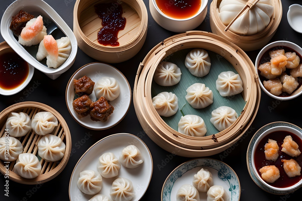Cantonese style dim sum spread featuring har gow shrimp dumplings siu mai and char siu bao, Ai Generated Cantonese style dim sum spread featuring har gow shrimp dumplings siu mai and char siu bao, Ai Generated