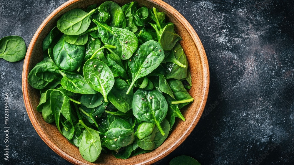 Green spinach leaves in a salad bowl, ready to be mixed with fresh vegetables for a nutritious meal. Green spinach leaves in a salad bowl, ready to be mixed with fresh vegetables for a nutritious meal.