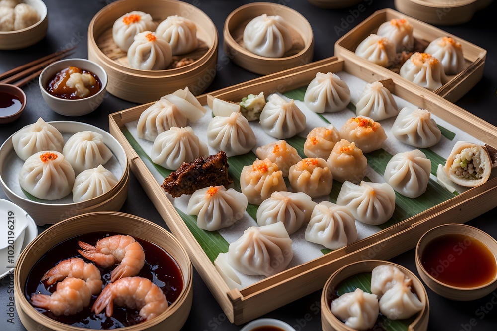 Cantonese style dim sum spread featuring har gow shrimp dumplings siu ...