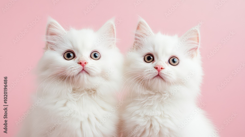 High-quality studio portrait of two white Persian cats against a pink background, captured with professional lighting for an elegant and adorable presentation High-quality studio portrait of two white Persian cats against a pink background, captured with professional lighting for an elegant and adorable presentation