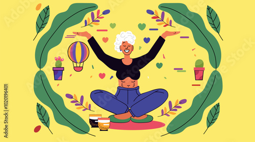 Senior woman practicing yoga wellness and relaxation. Vibrant colors with plants hot air balloon hearts and leaves on yellow background. Ideal for health lifestyle promotion