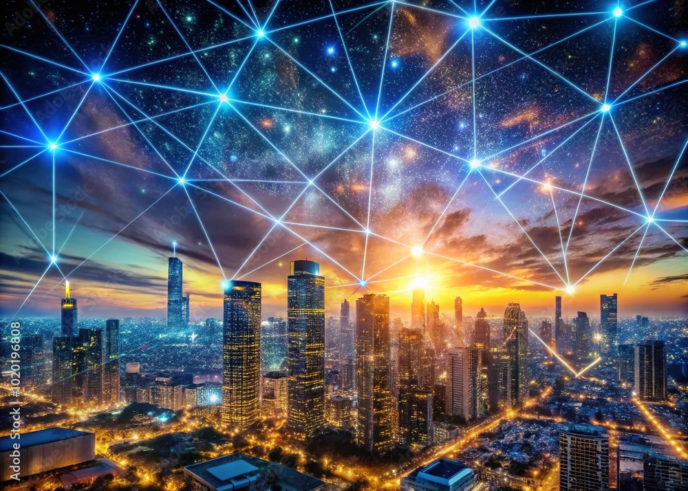 Fototapeta premium Night Over a Data-Driven City with Long Exposure Effects and Binary Stars