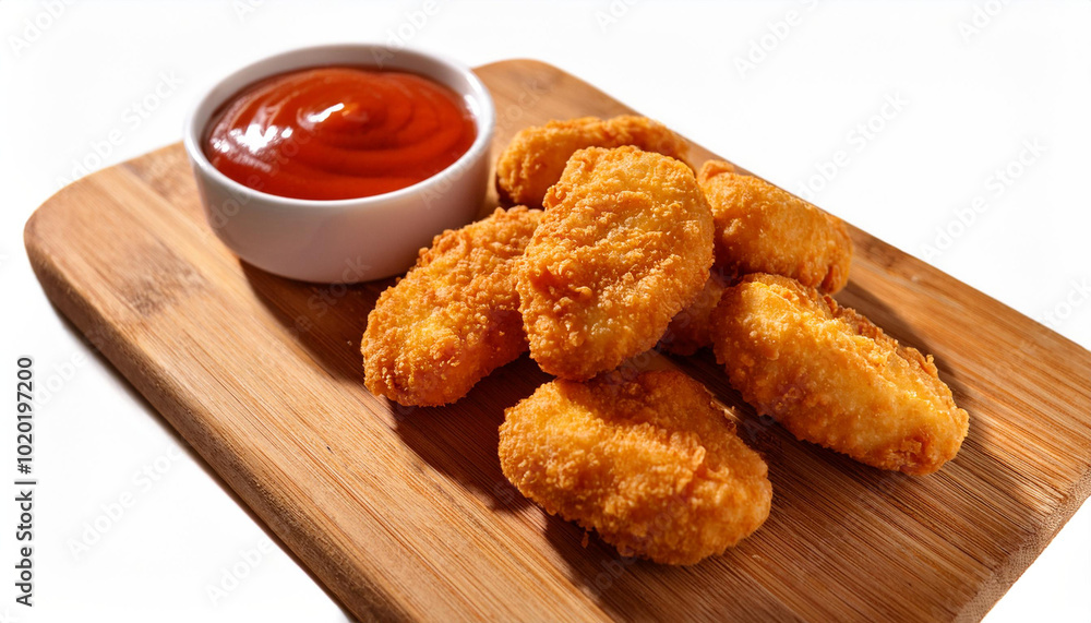 Close-up of golden brown chicken nuggets on a wooden board, accompanied by a small white bowl of ketchup dipping sauce. Close-up of golden brown chicken nuggets on a wooden board, accompanied by a small white bowl of ketchup dipping sauce.