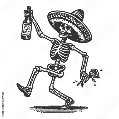 Playful dancing skeleton in sombrero, with bottle of tequila and a rose, celebrating in a festive, Day of the Dead style sketch engraving generative ai vector illustration. Black and white image.