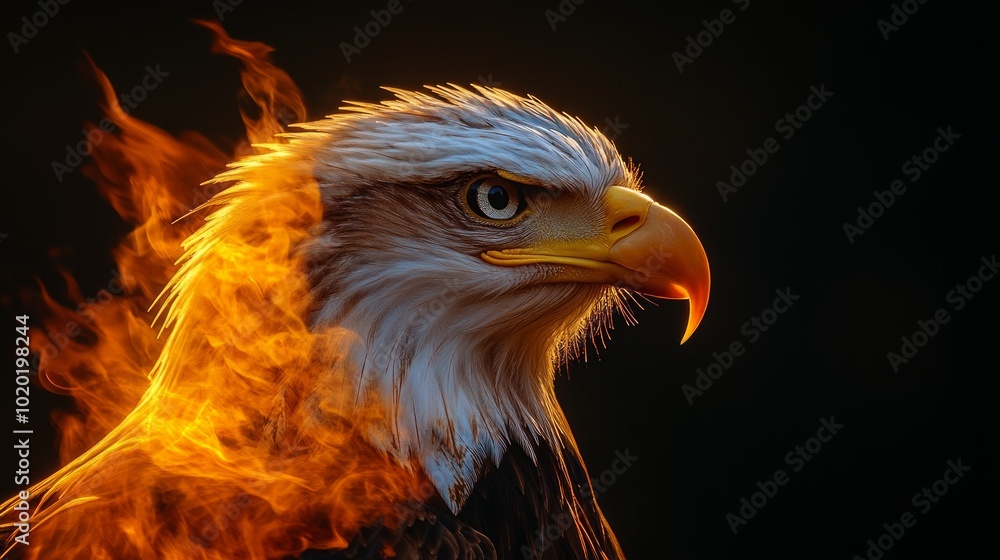 A majestic bald eagle with flames erupting from its head against a black background. A majestic bald eagle with flames erupting from its head against a black background.